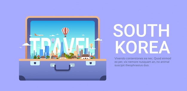 Vector Du lịch đến Hàn Quốc với phong cảnh thành phố seoul trong chế độ xem đường chân trời trên vali