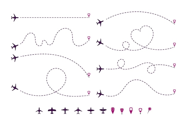Vector Đường chấm máy bay phim hoạt hình minh họa thiết lập. đường đi hoặc đường đi của máy bay, máy bay phản lực có hình trái tim, đường thẳng hoặc hình tròn có điểm đến hoặc dấu vị trí. du lịch, khoảng cách, khái niệm tuyến đường
