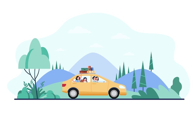 Vector Gia đình hạnh phúc đi du lịch bằng ô tô với dụng cụ cắm trại trên đầu.