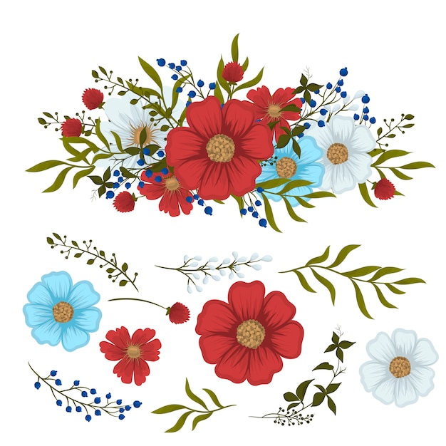 Vector hoa clipart màu đỏ, màu xanh nhạt, hoa và lá bị cô lập màu trắng
