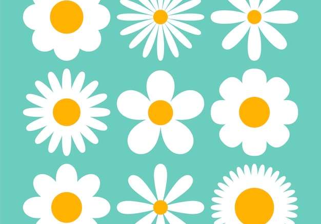 Vector Hoa cúc trắng khác nhau trên bộ minh họa phim hoạt hình nền màu xanh. hoa cúc hoặc hoa cúc với những cánh hoa khác nhau. mô hình hoa liền mạch. hoa, hoa mùa xuân, khái niệm mùa hè