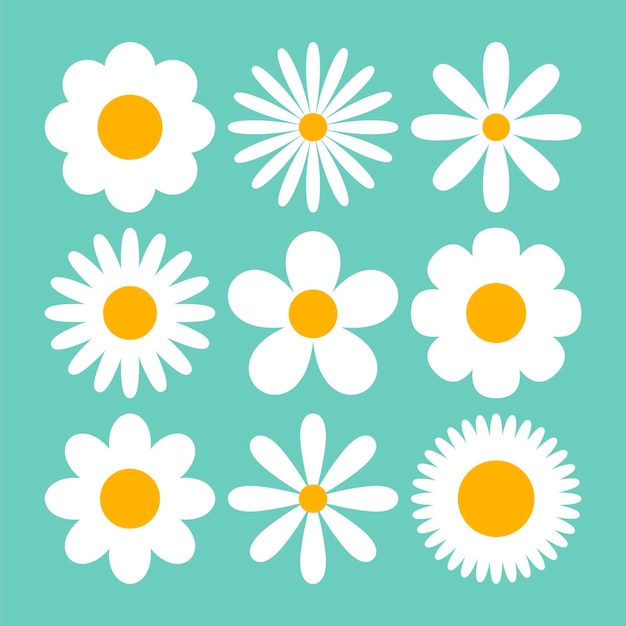 Vector Hoa cúc trắng khác nhau trên bộ minh họa phim hoạt hình nền màu xanh. hoa cúc hoặc hoa cúc với những cánh hoa khác nhau. mô hình hoa liền mạch. hoa, hoa mùa xuân, khái niệm mùa hè