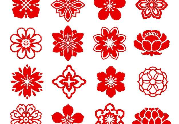 Vector Hoa đỏ châu Á hoa Trung Quốc, hoa Nhật Bản và Hàn Quốc, các biểu tượng vector. hoa anh đào Trung Quốc hoặc đồ trang trí hoa anh đào Nhật Bản, nghệ thuật giấy phương Đông hoặc đồ họa cắt giấy ngày lễ. trang trí kiểu trung quốc, nhật bản