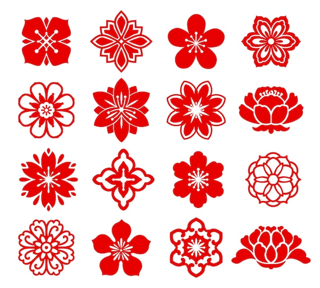 Vector Hoa đỏ châu Á hoa Trung Quốc, hoa Nhật Bản và Hàn Quốc, các biểu tượng vector. hoa anh đào Trung Quốc hoặc đồ trang trí hoa anh đào Nhật Bản, nghệ thuật giấy phương Đông hoặc đồ họa cắt giấy ngày lễ. trang trí kiểu trung quốc, nhật bản