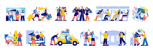 Vector Kỳ nghỉ du lịch tập hợp các biểu tượng bị cô lập với nhân vật hành khách mang vali trong các tình huống minh họa véc tơ khác nhau