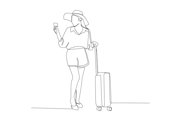 Vector Liên tục vẽ một dòng người phụ nữ xinh đẹp đang chuẩn bị đi du lịch đang đứng và giữ hành lý khái niệm ngày du lịch thế giới một dòng vẽ thiết kế minh họa đồ họa vector