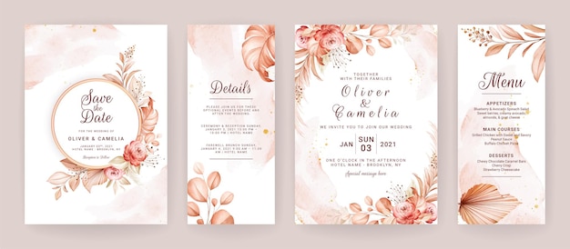 Vector Mẫu thiệp mời đám cưới với thiết kế thiệp trang trí lá và hoa khô màu nâu