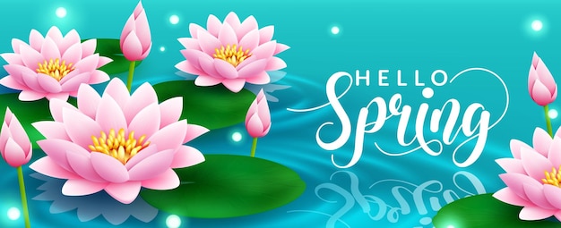 Vector Mùa xuân hoa sen thiết kế nền vector xin chào văn bản mùa xuân trong nền ao nước với hoa sen