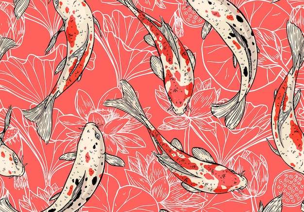 Vector Nền liền mạch của cá chép koi và hoa sen và lá. minh họa vẽ tay