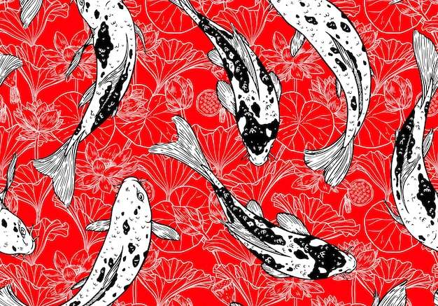 Vector Nền liền mạch của cá chép koi và hoa sen và lá. minh họa vẽ tay