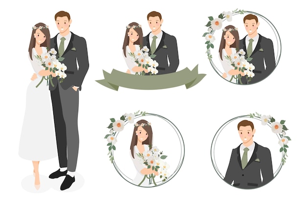 Vector Phim hoạt hình dễ thương cặp đôi đám cưới trẻ logo vòng hoa trong vòng hoa trà trắng minh họa các vector eps10