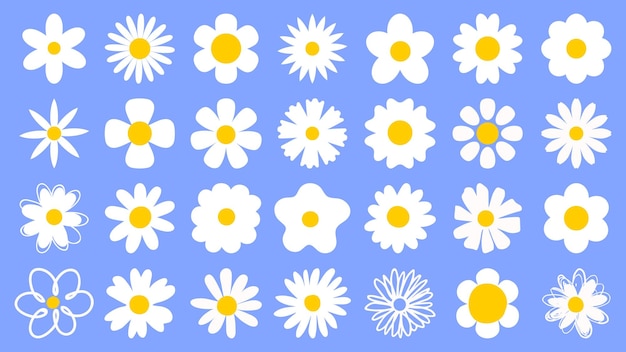 Vector Phim hoạt hình thiết kế logo hoa cúc biểu tượng hoa cúc mùa xuân phẳng các yếu tố hoa nở hoa với cánh hoa trắng vẽ nguệch ngoạc bộ vector hoa cúc