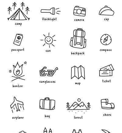 Vector Phong cách vẽ minh họa của bộ sưu tập biểu tượng cắm trại