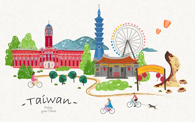 Vector Poster du lịch Đài Loan vẽ tay, những điểm tham quan đáng yêu cho chuyến đi của bạn.