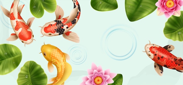 Vector Thành phần cá koi thực tế với góc nhìn từ trên xuống hồ với lá hoa sen và hình minh họa vector cá đầy màu sắc