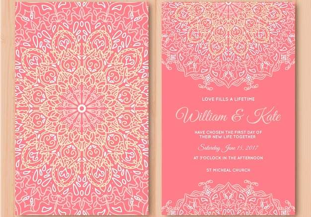 Vector thiệp cưới màu hồng với thiết kế mandala