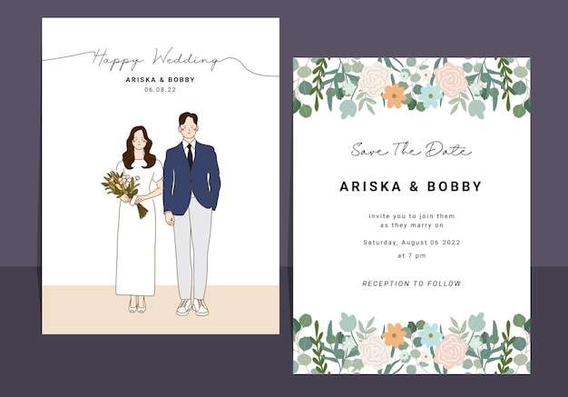 Vector Thiệp mời thiết kế với hình minh họa cặp đôi đám cưới