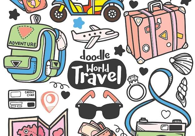 Vector Time to travel doodle line art minh họa bằng tay vector clip art banner set logo