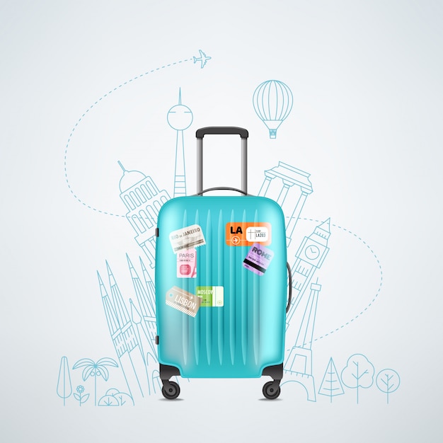 Vector Túi du lịch nhựa màu với các yếu tố du lịch khác nhau minh họa