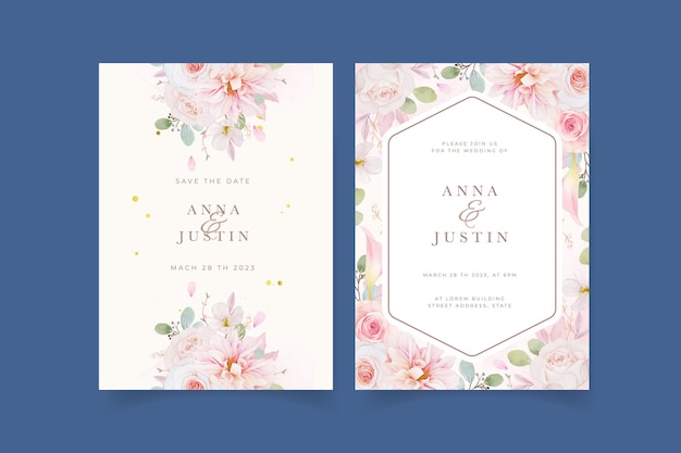 File vector Lời mời đám cưới với hoa hồng màu nước hoa thược dược và hoa lily