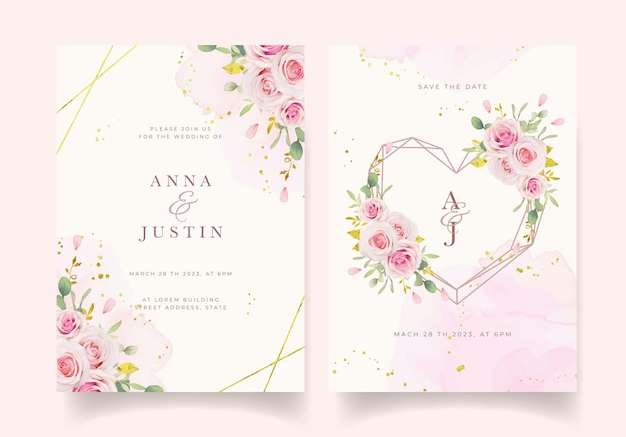 File vector Lời mời đám cưới với hoa hồng màu nước và đồ trang trí bằng vàng