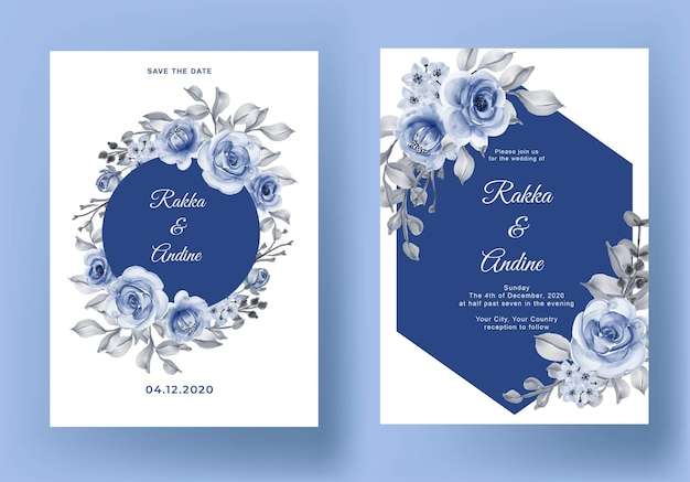 File vector Lời mời đám cưới với hoa hồng và lá màu xanh nước biển