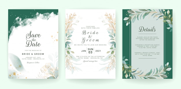 File vector Mẫu lời mời đám cưới màu xanh lá cây vàng với lá, lấp lánh và đường viền.