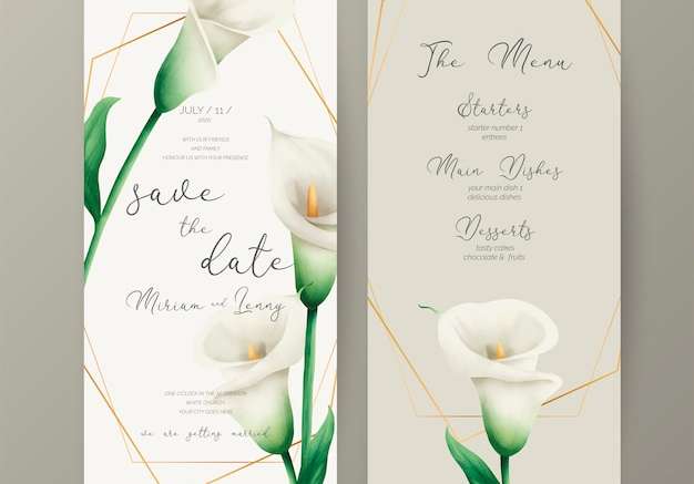 File vector Mẫu thiệp cưới và thực đơn với hoa loa kèn trắng