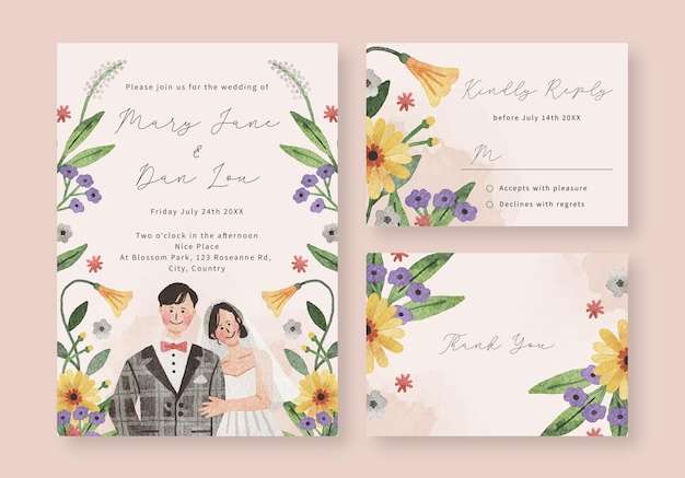 File vector Mẫu thiệp cưới với hình minh họa cặp đôi vẽ tay dễ thương và màu nước hoa