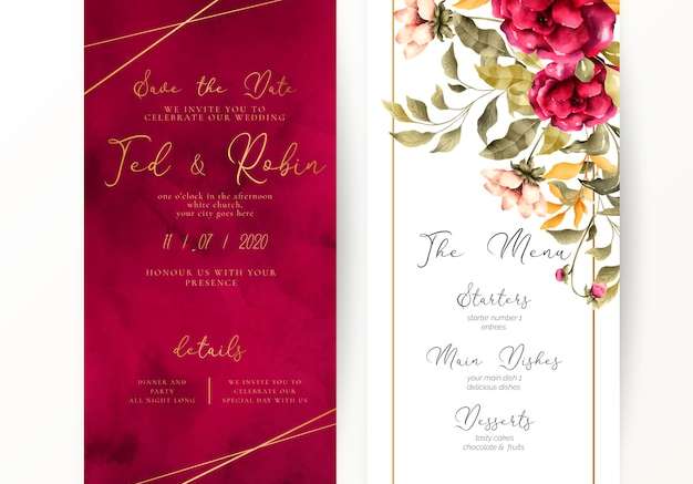File vector Mẫu thực đơn và lời mời đám cưới hoa và đỏ