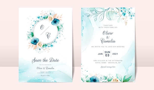 File vector Thiệp mời đám cưới màu xanh với trang trí hoa màu nước và nền trừu tượng