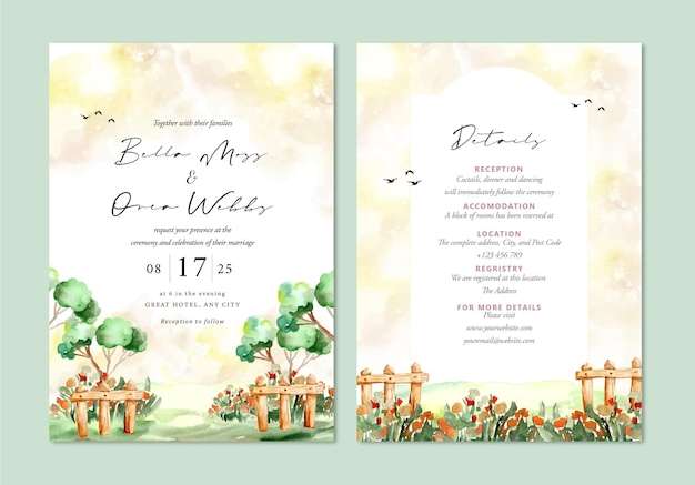File vector Thiệp mời đám cưới với khu vườn mùa thu màu nước và những cái cây dễ thương