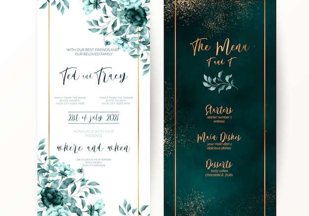 File vector Văn phòng phẩm đám cưới màu nước và hoa màu xanh lá cây trang nhã