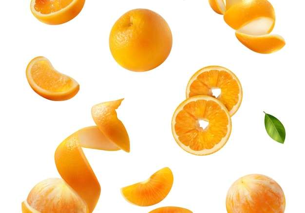 Hình ảnh vector Bộ màu cam thực tế với hình ảnh biệt lập của những lát vỏ bay và những miếng trái cây với hình minh họa vector lá