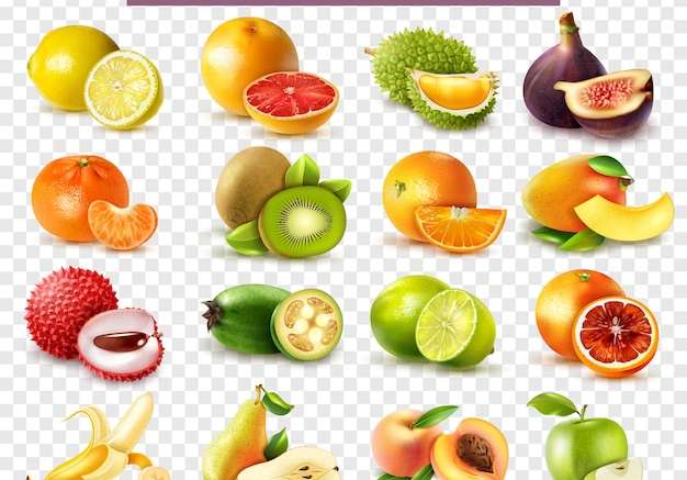 Hình ảnh vector Bộ thực tế gồm nhiều loại trái cây với cam kiwi lê chanh chanh táo bị cô lập trên nền trong suốt