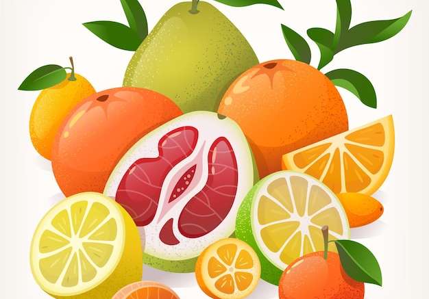 Hình ảnh vector Đống trái cây có múi khác nhau quýt cam chanh trên nền trắng minh họa tốt cho pa