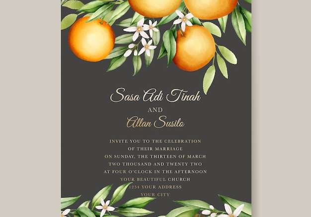 Hình ảnh vector Mẫu thiệp mời đám cưới trái cây màu nước cam thực vật