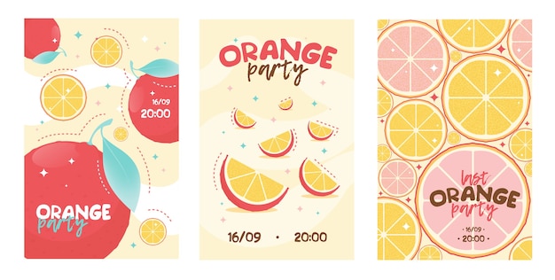 Hình ảnh vector Thiệp mời tiệc màu cam. nước chanh, trái cây