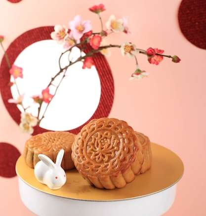 Hình stock Bánh trung thu trên nền màu hồng nhạt với hoa màu hồng. khái niệm bánh trung thu vào tết trung thu. bánh trung thu phổ biến như kue bulan.