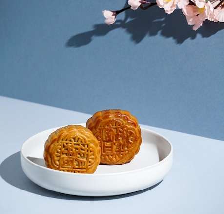 Hình stock Bánh trung thu truyền thống của Trung Quốc, bánh trung thu có hoa hồng, cho tết trung thu, ánh nắng gay gắt, nền xanh, tĩnh vật hiện đại