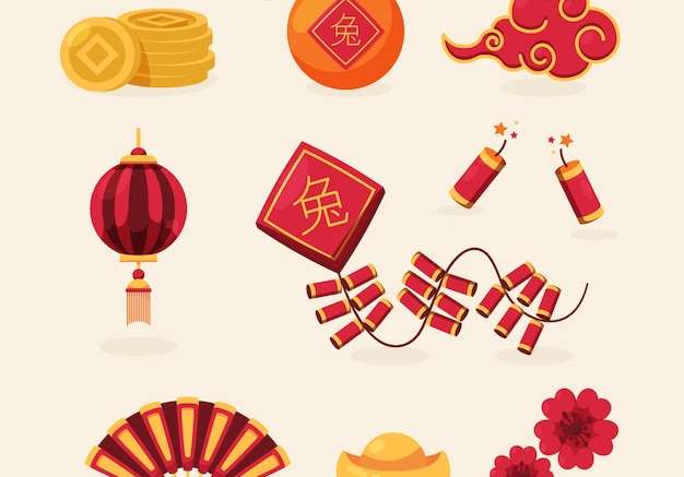 Hình stock Bộ sưu tập các yếu tố mừng năm mới của Trung Quốc phẳng
