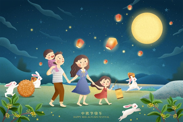 Hình stock Poster tết trung thu dễ thương cùng gia đình ngắm trăng rằm và thả đèn trời, ngày lễ vui vẻ được viết bằng chữ trung quốc