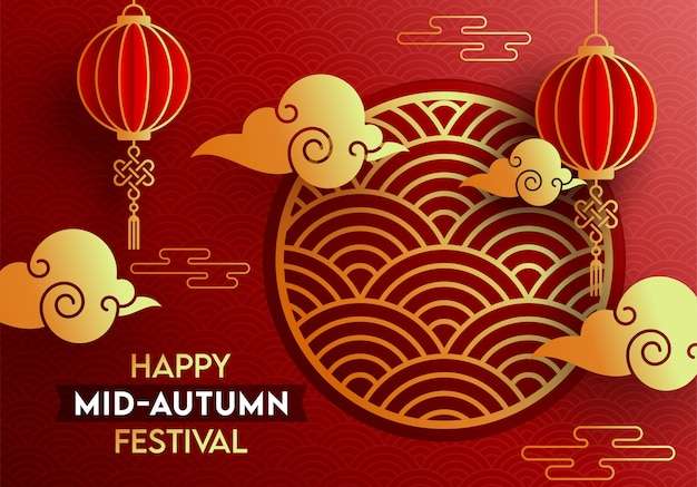 Hình stock Thiết kế poster tết trung thu vui vẻ với những chiếc đèn lồng cắt giấy của Trung Quốc treo và những đám mây vàng trên nền hình bán nguyệt màu đỏ chồng lên nhau.