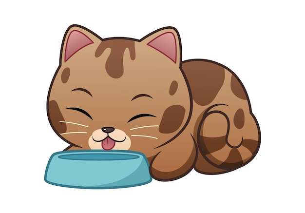Hình vector Ăn kawaii mèo bengal phim hoạt hình động vật minh họa