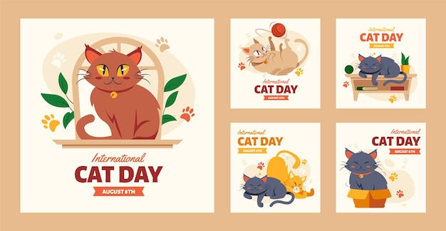 Hình vector Bộ bài đăng instagram ngày quốc tế mèo phẳng