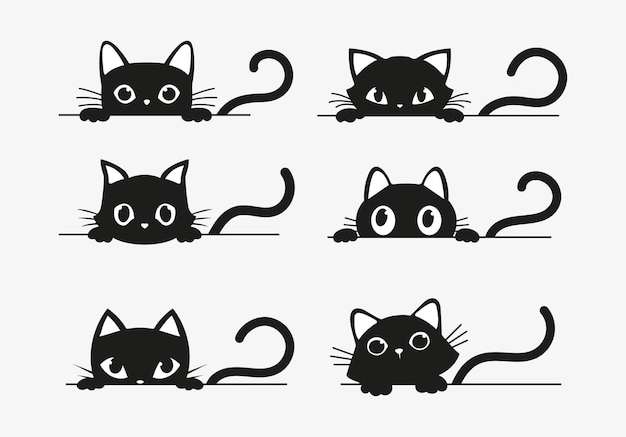 Hình vector Bộ mèo đen nhìn ra cửa sổ bộ sưu tập phim hoạt hình mèo bị cô lập