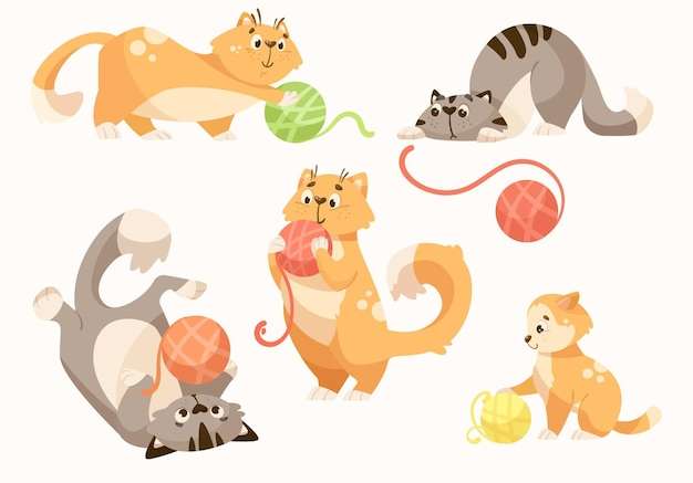 Hình vector Bộ phim hoạt hình minh họa những chú mèo dễ thương đang chơi với quả bóng sợi. chú mèo con đáng yêu đang vui vẻ, thích thú, nằm, ngồi, đứng trên hai chân sau. vật nuôi trong nhà, khái niệm vật nuôi