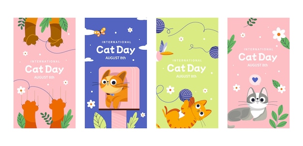 Hình vector Bộ sưu tập câu chuyện instagram ngày quốc tế mèo phẳng