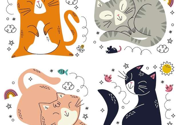 Hình vector Bộ sưu tập dán mèo vẽ tay Doodle