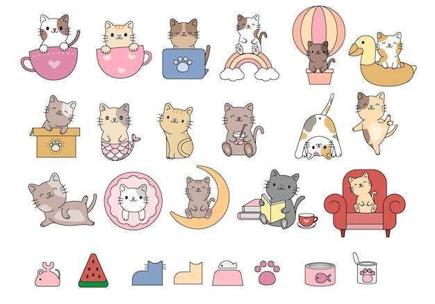 Hình vector Bộ sưu tập nhân vật mèo hoạt hình dễ thương. , yoga và cảm xúc thiết kế theo phong cách đơn giản màu phẳng. véc tơ tôi